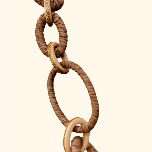 Vintage Chico's Goldtone Beige & Brown Leather Wrapped Chain Link Necklace - Picture 4 of 5